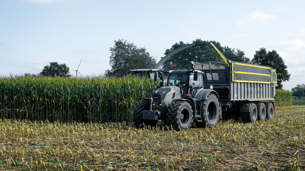 A modern tractor harvesting corn on a sunny autumn day in Gülzow, Schleswig-Holstein.